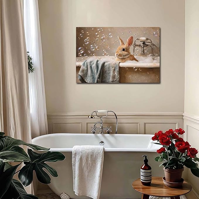 MNFGMH Easter Bathroom Print Vintage Style Bunny in Bathtub Poster for Wall Rustic Farmhouse Easter Wall Art Wooden Frame 8x12 inch