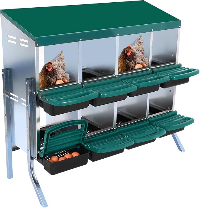 Chicken Nesting Boxes, 8 Holes Metal Chicken Egg Laying Box with Swing Perch and Rollout Egg Collection,for Various Chicken Breeds with Stand - Green 0.7mm