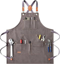 AFUN Work Aprons for Men with Large Pockets, Cotton Canvas Cross Back Heavy Duty Adjustable Tool Apron, Size M to XXL (Grey)