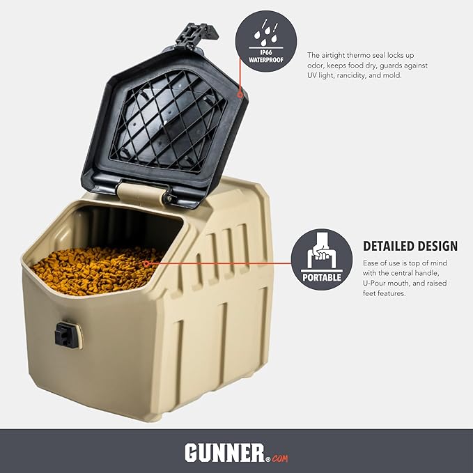 GUNNER 30 lbs Dog Food Storage Container - Waterproof & Airtight Pet Food Bin - Multi-Purpose Container for Dry Food, Corn, Chicken Feed, Treats, Bird Seed, & More - Tan