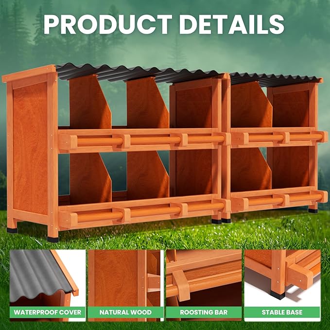2-Tier Chicken Nesting Box, 10 Compartment Wooden Nesting Box for Chickens with Waterproof Roof, Non-Slip Stable Base, Heavy Duty Chicken Laying Boxes for Hens, Duck, Poultry, Bird, Orange