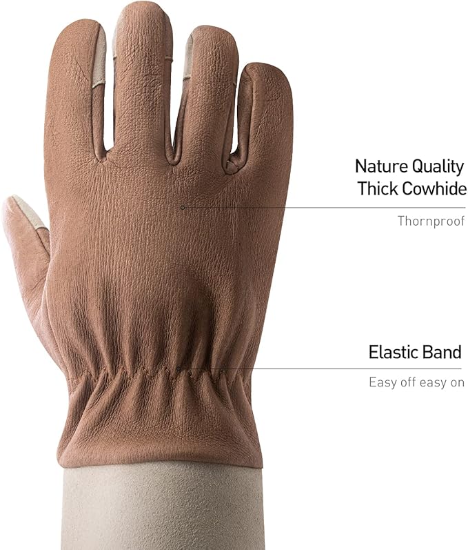 HANDLANDY Long Gardening Gloves for Men & Women, Thorn Proof Rose Pruning Gloves Leather Gauntlets Garden Glove Yard Work Glove (Warm Brown, Large)
