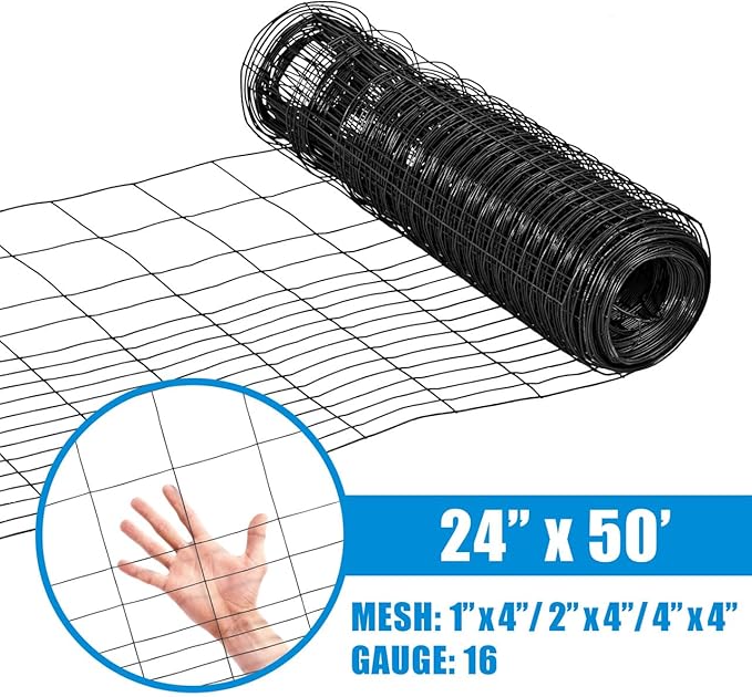 Fencer Wire 16 Gauge Black Vinyl Coated Rabbit Guard Fence, Poultry Fencing Wire Roll for Garden Yard Vegetable Plant, Protecting Against Rabbits, and Other Small Animals Damage (24 in. x 50 ft.)