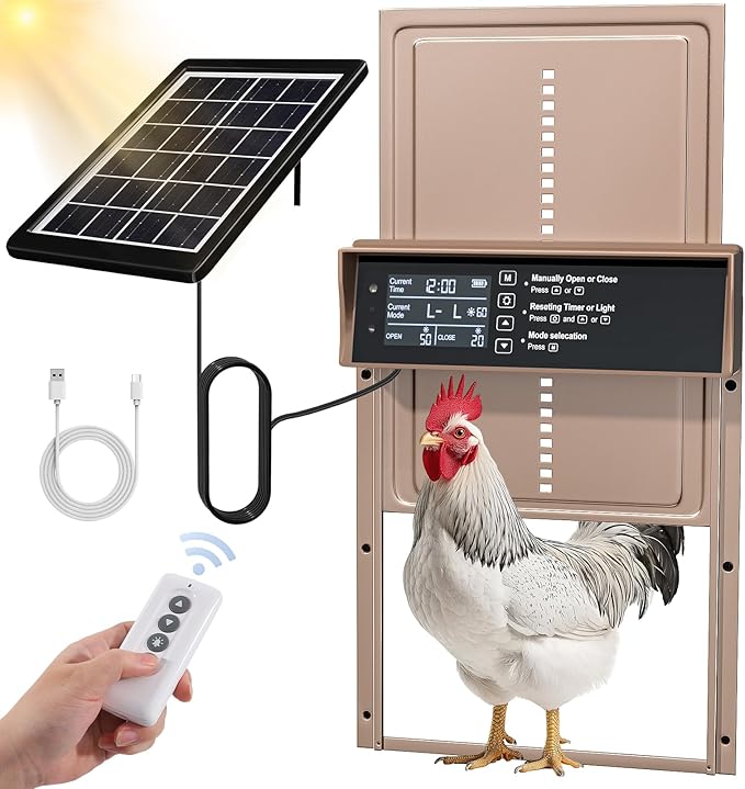 Solar Chicken Coop Door, Automatic Chicken Door Solar Powered & USB Charging, Automatic Chicken Door 4 Modes with Timer & Light Sensor, Anti-Pinch & Alert, Remote, LED Screen -Rose Gold