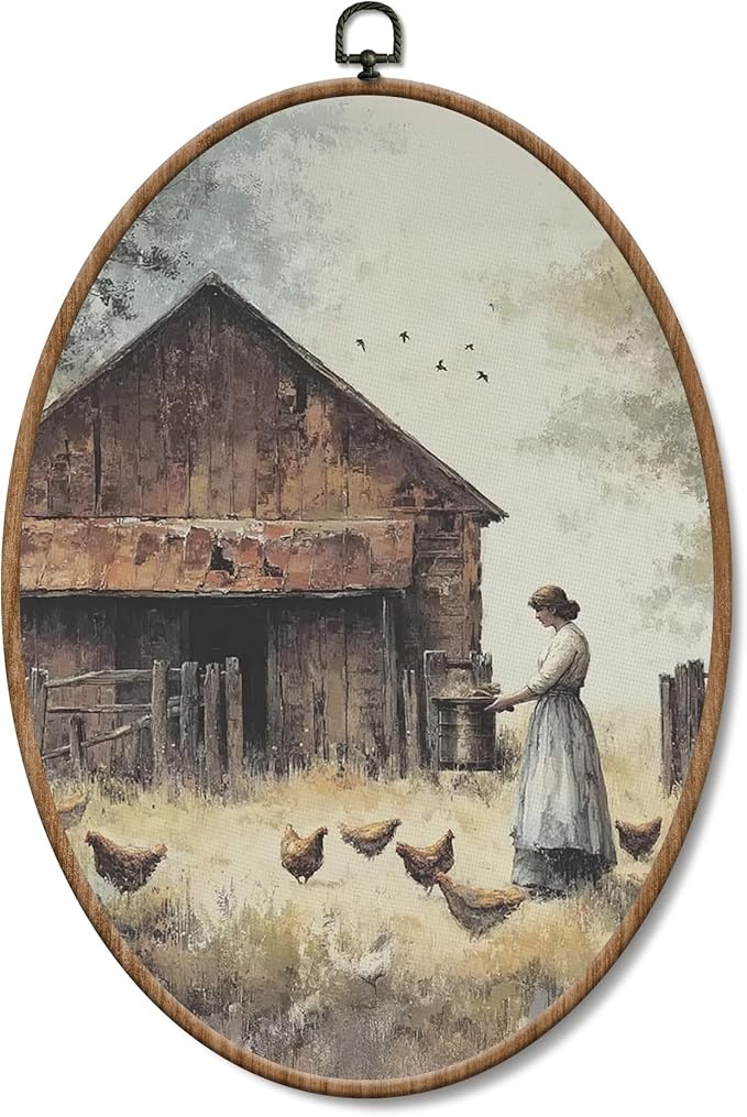 Yorhifa Vintage Chicken Barn Framed Wall Art, Antique Farmhouse Chicken Oval Wall Art, Moody Cottagecore Countryside Oval Walls Decor, Rustic Country Animal Canvas Artwork Hanging Decor, 8.5x11.5in