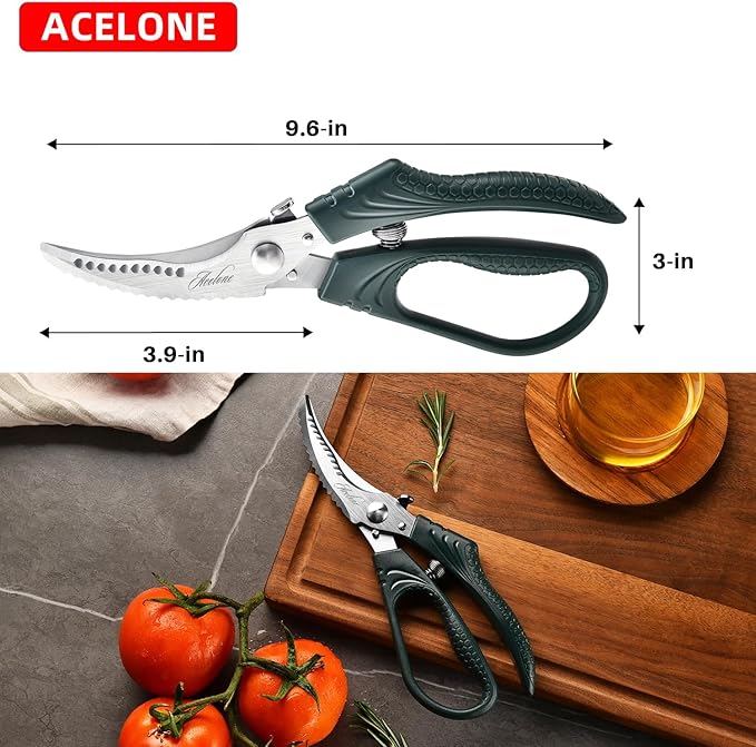 Acelone Poultry Shears - Heavy Duty Kitchen Chicken Shears With Anti-Slip Handle & Safety Lock - Poultry Scissors for Meat, Game, Chicken, Bone, Poultry & More - Spring Loaded.