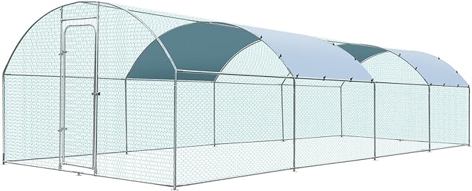 Extra Large Metal Chicken Coop for 40-45 Chickens, Portable, Walk-in Chicken Run, Chicken Pen Outdoor W/Cover, Waterproof & Anti-UV, 26.3' D x 9.8' W x 6.4' H, Wire Mesh Poultry Cage for Yard