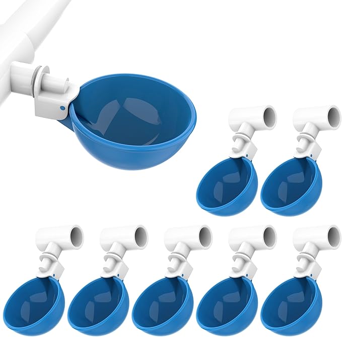 Lil'Clucker Large Automatic Chicken Waterer Cups and 1/2" PVC Tees - Chicken Water Feeder - Suitable for Chicks, Duck, Goose, Turkey and Bunny - Poultry Water Feeder Kit (Blue, 8-Pack)