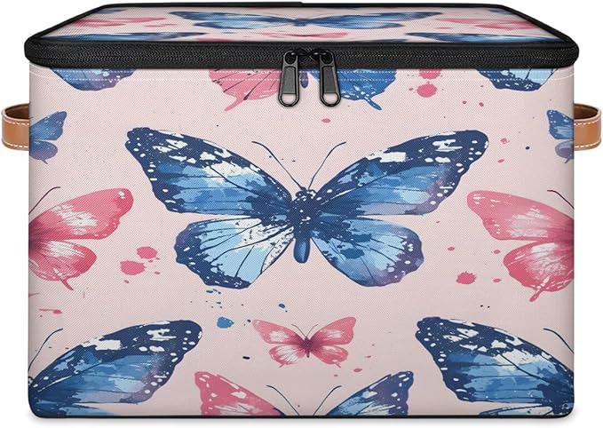 Storage Cubes with Lid Fabric Storage Bins Boxes PU Leather Handles, Colorful Butterfly Closet Organizer Container Foldable Washable Shelf Cloth Basket, Cute Butterfly