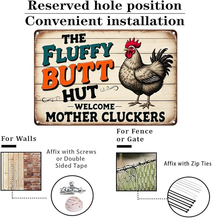 FunnySign Chicken Gifts Rooster Décor The Fluffy Butt Hut Rustic Tin Sign For Home Farm Chicken Coop Decor 8x12 Inch (9701)