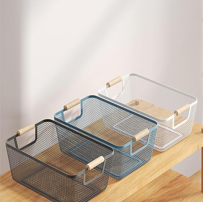 Metal Mesh Steel Basket, Medium Wire Storage Organizer Basket Multi-function Hanging Kitchen Basket with Wood Handle for Kitchen Bathroom Picnic Home, Rectangle-Blue