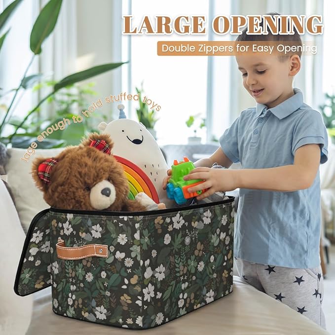 Boho Wildflowers Storage Bins with Lids, Sage Green Leaves Fabric Storage Boxes with Zipper, Collapsible Decorative Closet Organizer Cube for Clothes, Organizing, Shelves