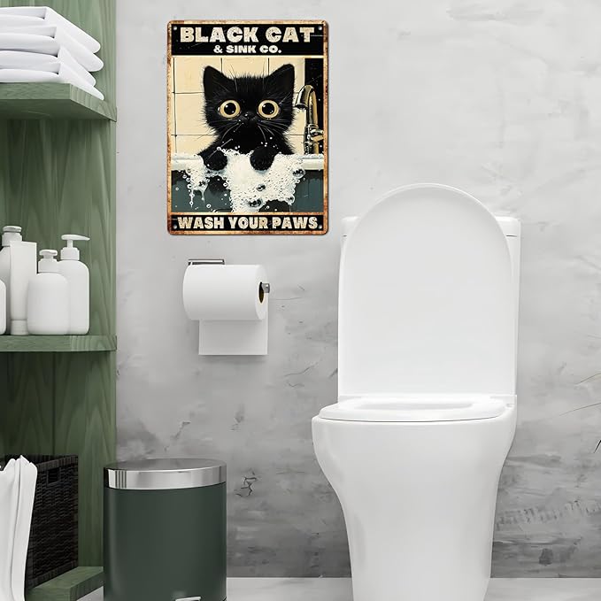 Vintage Black Cat Tin Sign Wash Your Paws Retro Wall Decor Decorations for Home Funny Cats Lovers Poster Indoor Store Cafe Toilet Bathroom Restroom Bar Pubs Farmhouse Farm Shop 12 * 16inch
