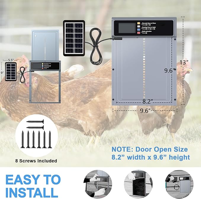 Automatic Chicken Coop Door Solar Powered, LCD Display Automatic Chicken Door with Timer & Light Sensor Mix 4Modes, Aluminum Alloy Chicken Door, Range 20M Remote Control Solar Chicken Coop Door