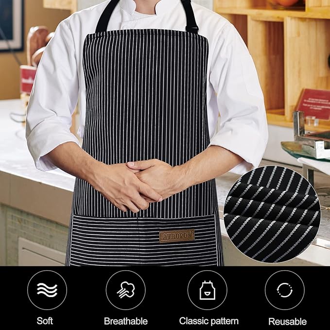 ATROPOS 2 Pack Aprons for Women with Pockets, Cooking Aprons for Women Men, Adjustable Bib Apron Chef Aprons for Kitchen, Cooking, BBQ, Cleaning（Brown/Black Pinstripes）