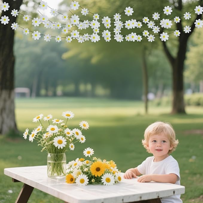 6Pcs White Daisy Banner Garland Spring Flower Hanging Bunting for Girl Boy Groovy Hippie Boho Birthday Party Decoration