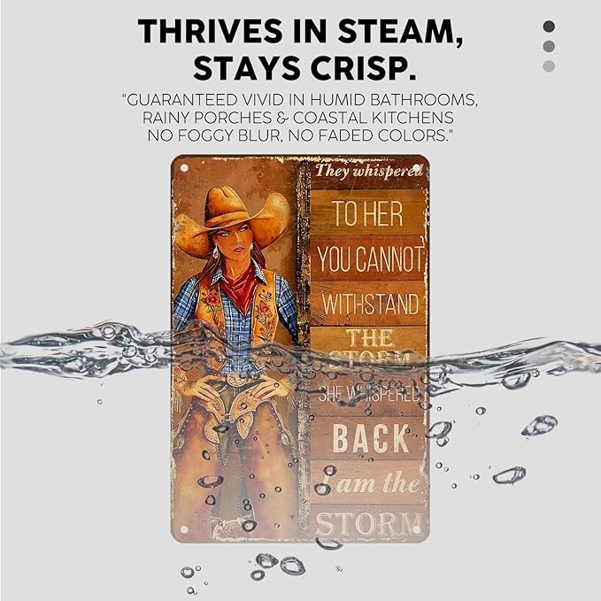 Vintage Cowgirl Tin Sign They Whispered To Her You Cannot Withstand The Storm Retro Inspirational Metal Poster Rustic Western Plaque Wall Decor For Home Bedroom Cafe Kitchen Bar 12 * 8In