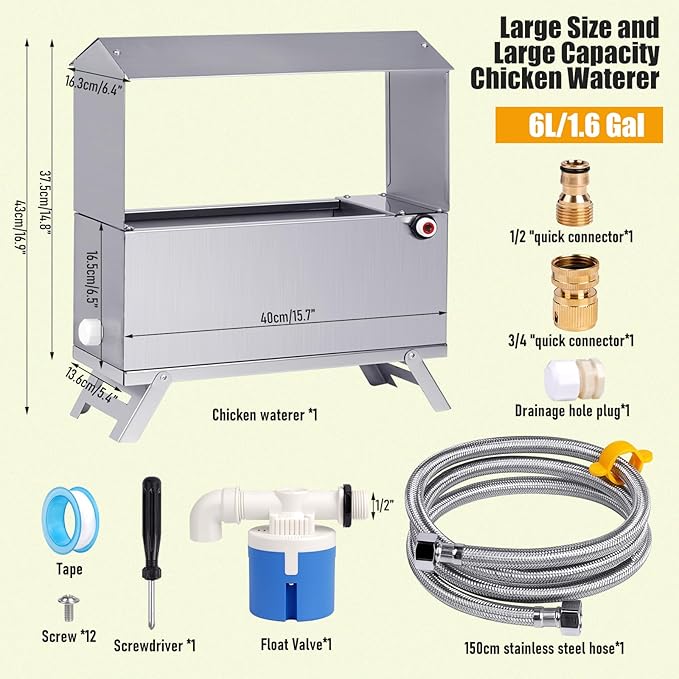 1.5 Gallon Automatic Chicken Waterer,Stainless Steel Chicken Water Feeder with Leg,Automatic Water Dispenser for Poultry Duck with Float Valve Kit,Hose and 1/2" to 3/4" GHT Adapter