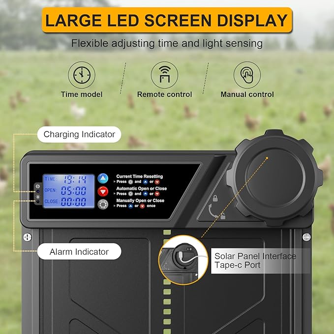 Automatic Chicken Coop Door Solar Powered, LCD Display Automatic Chicken Coop Door with Timer, Waterproof Aluminum Alloy Chicken Door with Remote Control, Charge with Solar Panel & USB