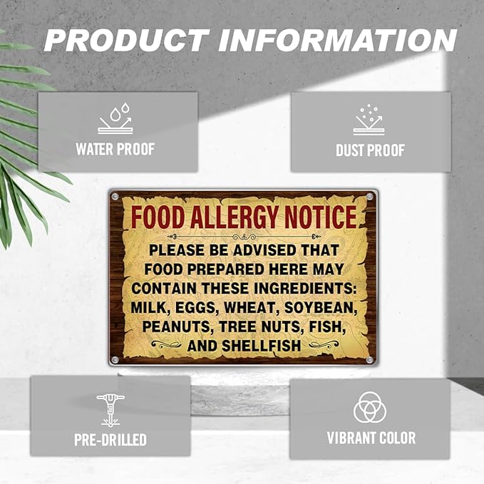 Food Allergy Notice Metal Sign 12 x 8 Inch Restaurant Cafe Kitchen Dining Area Canteen Wall Decor Safety Warning Signage For Preparation Areas Art Home Outdoor Vintage