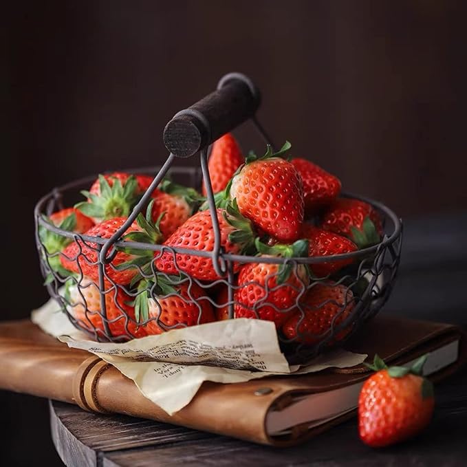 Metal Wire Basket with Wooden Handles Farmhouse Chicken Egg Storage Basket Vintage Country Style Metal Fruit Baskets Gathering Bin Container for Home Kitchen Wedding(Off-white)