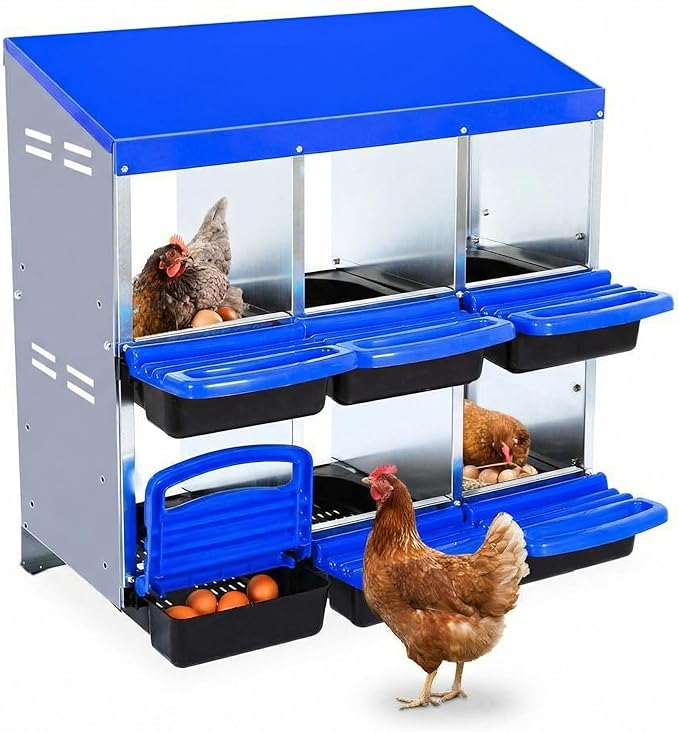 Chicken Nesting Box, 6 Compartments Metal Roll Away Nest Box for Chicken Coop, Heavy-Duty Eggs Laying Boxes with Removable Lid for Easy Egg Collection, Easy Cleaning, Blue
