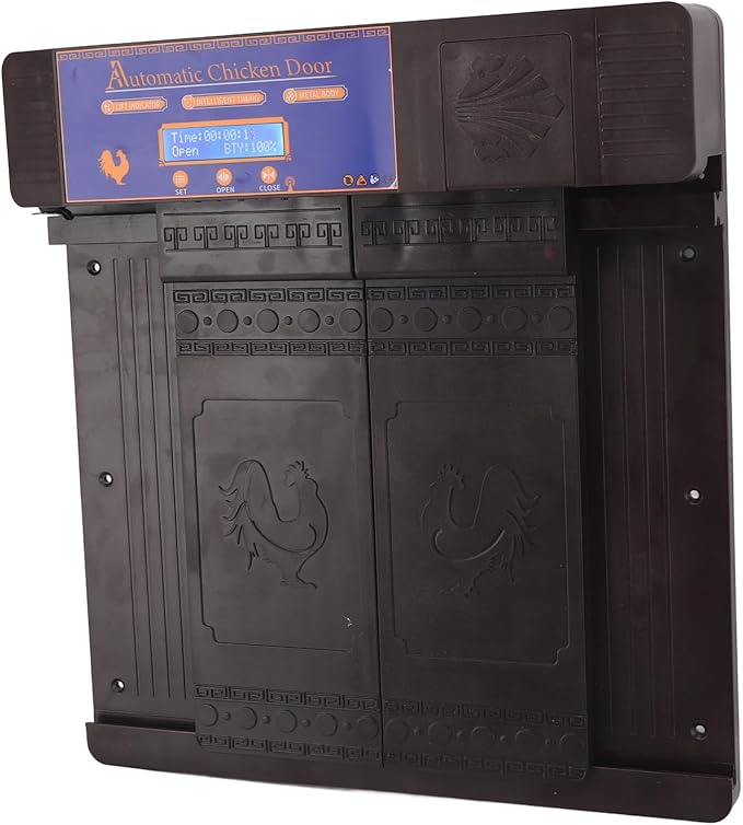 Automatic Chicken Coop Door Opener, Solar Battery Powered with LED Display, Timer Function, Double Doors Electric for Chickens, Ducks, Geese, Easy to Set Opening and Closing Time (Dark Brown)