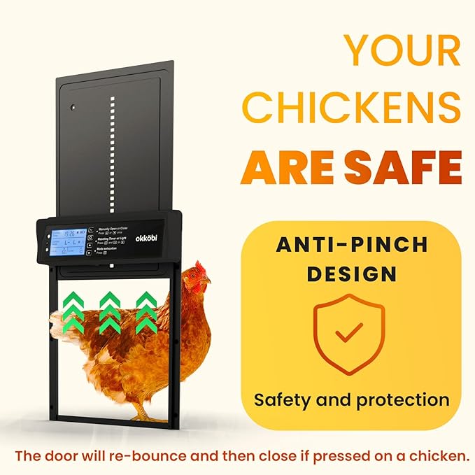 Okkobi Automatic Chicken Coop Door Solar Powered - LCD Display - Chicken Coop Door with Light Sensor & Timer - Security & Peace of Mind: Anti-Pinch Function - 5-Year Protection - Black