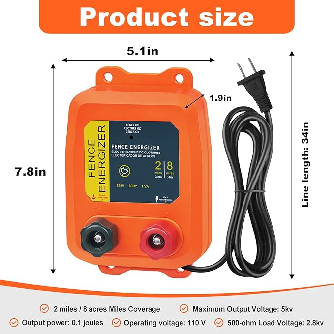 Electric Fence Charger PE2 0.10 Joule, 2-Mile/ 8 Acres Plug in Electric Fence Charger, for Dogs, Livestock, Squirrels, Chicken Coops (Orange)