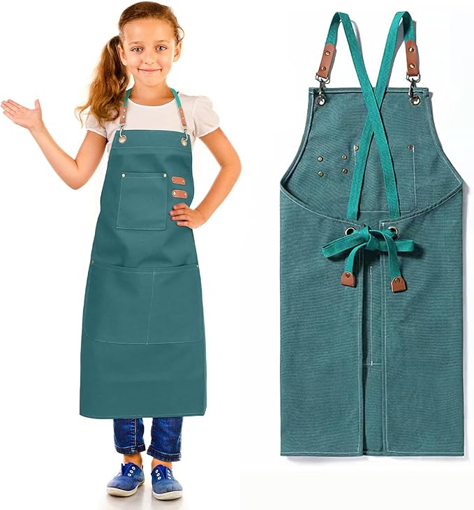 Unisex Aprons with Large Pockets,Cotton Canvas Cross Back Heavy Duty Adjustable Work Apron,Size Kids to Adult