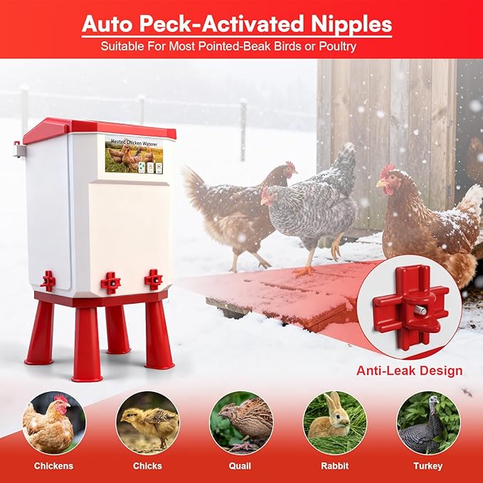 3 Gallon Heated Chicken Waterer for Winter Automatic Chicken Water Heater,Adsjustable Height Anti-Freezing Poultry Watering System with Thermostatic Control,Red,12.5 in x 8.3 inch x 8.3 in