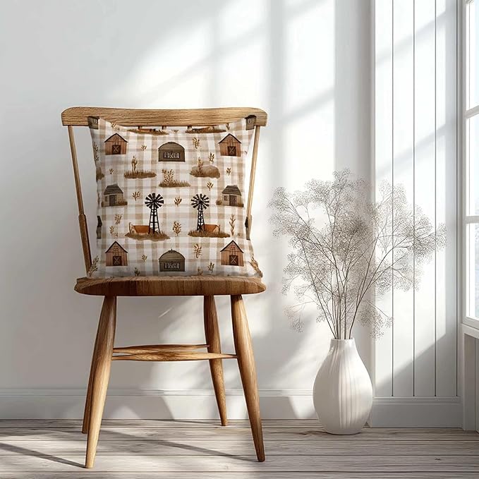 Barn Gingham Farmhouse Throw Pillow Covers 18x18 Inch, Set of 2 | Country Rustic Square Cushion Cases for Couch Sofa Living Room | Neutral Beige Home Decor, Decorative Pillowcases