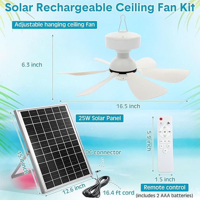 1 Set Solar Ceiling Fan Kit 25w Solar Powered Rechargeable Ceiling Fan with 3 Color Light and Remote Control, Built in 5000mah Battery, for Outdoor Chicken Coop Camping Tent