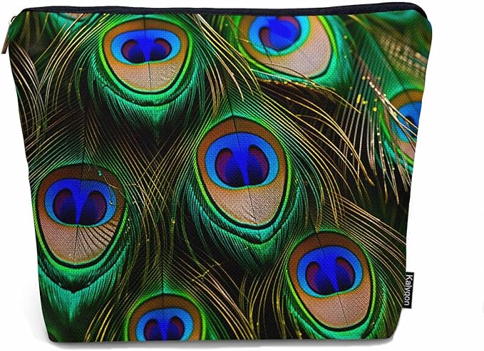 Peacock Feather Cosmetic Travel Bag For Toiletries, Tropical Peacock Feathers Makeup Bag Toiletry Bags For Women, Flax Cosmetic Bags Make Up Bag Purse Toiletries Bag, Green Turquoise