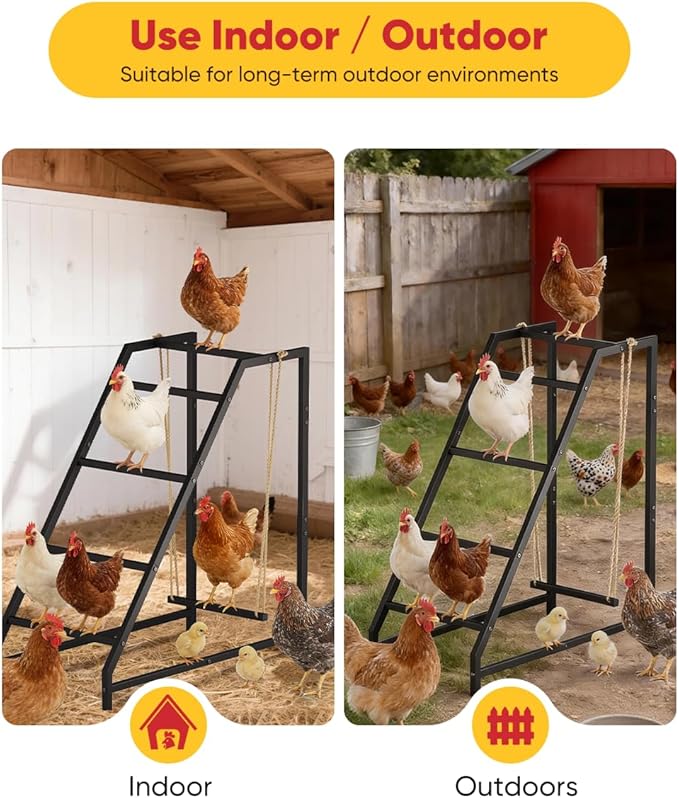 Chicken Perch Swing with Ladder for Coop, Metal Frame Chicken Roosting Bars for 8-10 Hens, Pet Swing Set for Backyard Poultry Farm Roost, Ideal for Chickens' Health and Happiness, Black