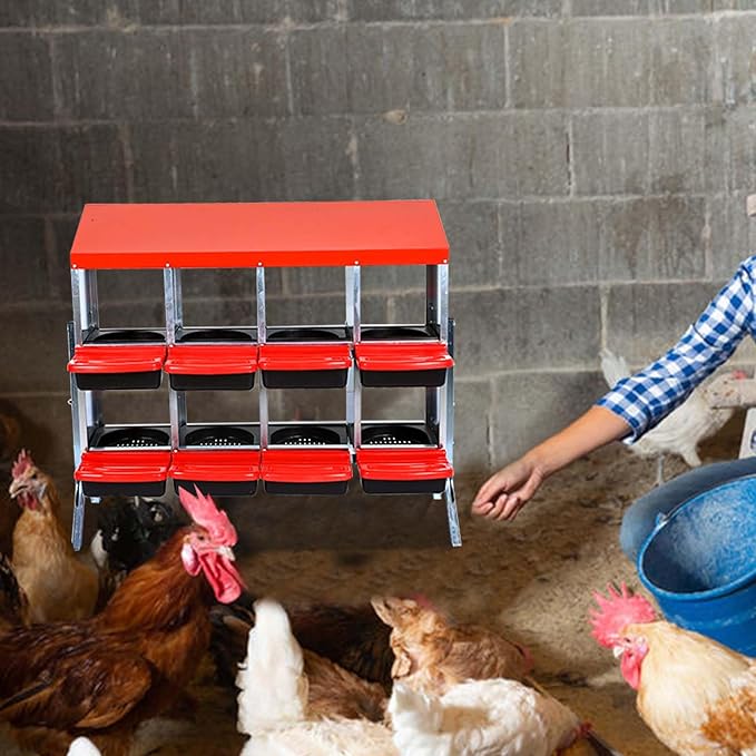 Metal Chicken Nesting Box – 8 Compartments Roll Away Egg Box, Easy Clean Hen Roosting Boxes with Stand, Ideal for Laying Hens, Durable Poultry Coop Accessory – with Bracket Legs, Red