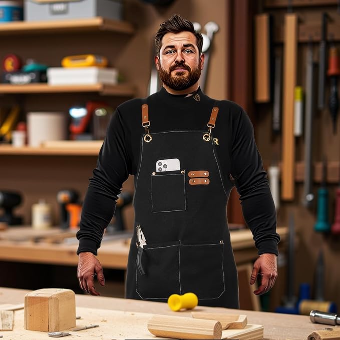Adjustable Kitchen Apron Set With Pockets, Heavy Duty Cooking Apron for Men and Women, Black/Grey
