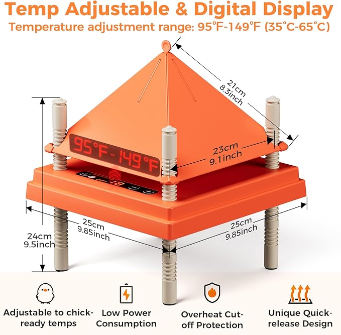 Chick Brooder Heating Plate with Anti-Stand Cone, 10" x 10" Brooder Heater for Chicks— Featuring Adjustable Temperature and Height Settings