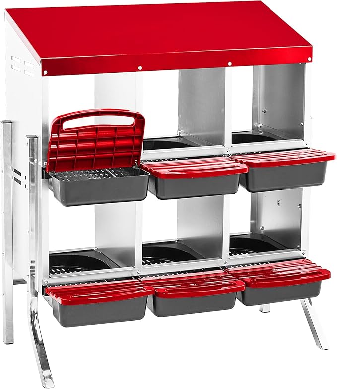 Metal Chicken Nesting Box,6 Compartment Nesting Box for Laying Eggs,Cleanable Pull Out Hen Roosting Boxes,Wall Mount Chicken Brooder Boxes,with Perch,for Hens Gooses Ducks Poultry Farms (Red)