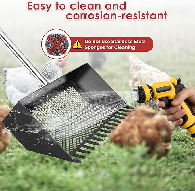 Chicken Poop Scooper & Rake 4-in-1, Metal Chicken Coop Scoop- Adjustable 23" to 66" Stainless Steel Handle, Sifting Litter Shovel for Chicken Coop, Goat Stall, Animal Farm, Stable Cleaning