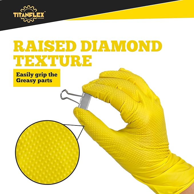 TitanFlex Heavy Duty Industrial Nitrile Gloves with Raised Diamond Texture, 6-mil, Latex Free (Dark Green/Yellow)