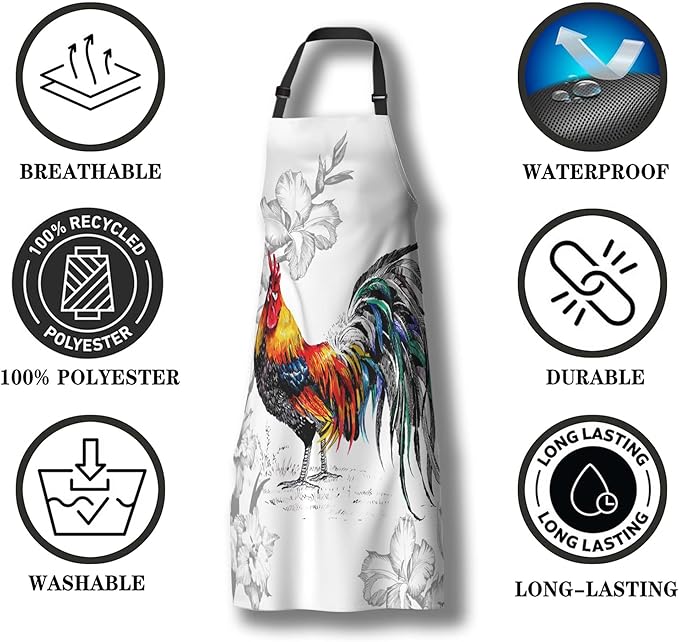 BBQ Aprons for Men Watercolor Pattern with Roosters Women Apron for Kitchen Cooking Restaurant Painting Crafting Gardening 27” (W) x 31” (H), Waterproof Apron