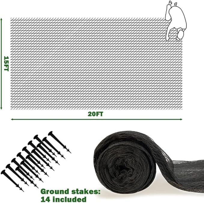 POYEE 15x20ft Pond Netting for Leaves Leaf Net Cover Pond Net with Small Fine Mesh Protecting Koi Fish from Birds Cats Stakes Included