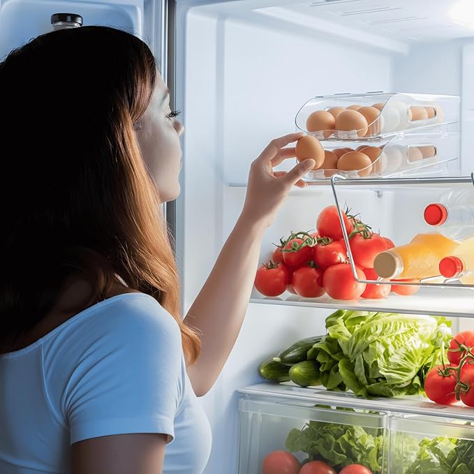 Egg Holder for Fridge, Automatic Steady Rolling Egg Dispenser with Silicone Bumpers & Handle for Refrigerator, Large Capacity Egg Organizer with Lid (2 Tier Holder 24 Eggs (M SIZE))