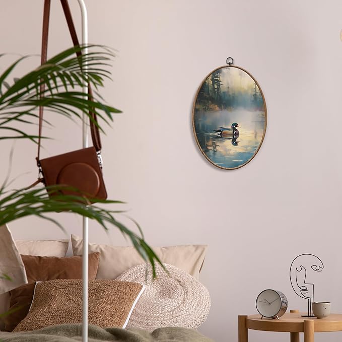 Yorhifa Vintage Duck Hunting Framed Wall Art, Farmhouse Misty Lake Landscape Oval Wall Art, Nature Duck Hunting Oval Walls Decor, Cabin Canvas Artwork Hanging Decor, 8.5x11.5in