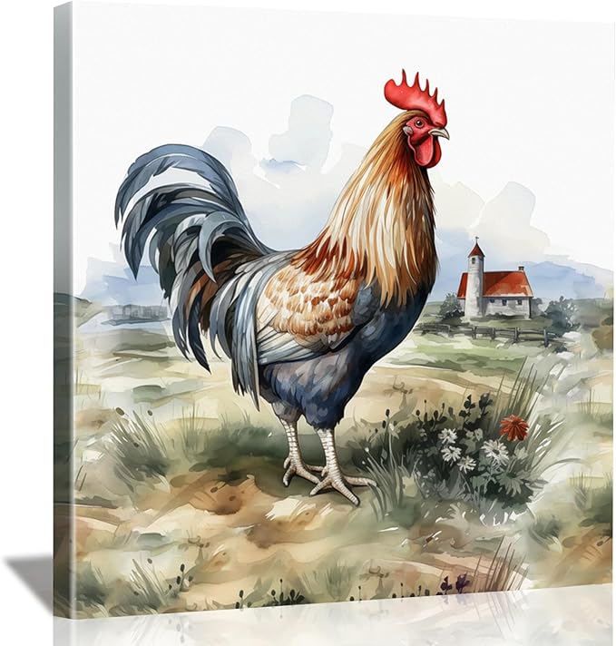 Framed Chicken Wall Art 16x16 Inch Rooster on Flower Stand Canvas Print Farmhouse Country Style Artwork for Kitchen Living Room Rustic Home Wall Decor (Rooster and farmhouse, 16L×16W)