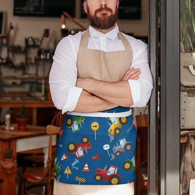 Unisex Chef Waiter Apron Waist Half Short Serving Aprons with 3 Pockets