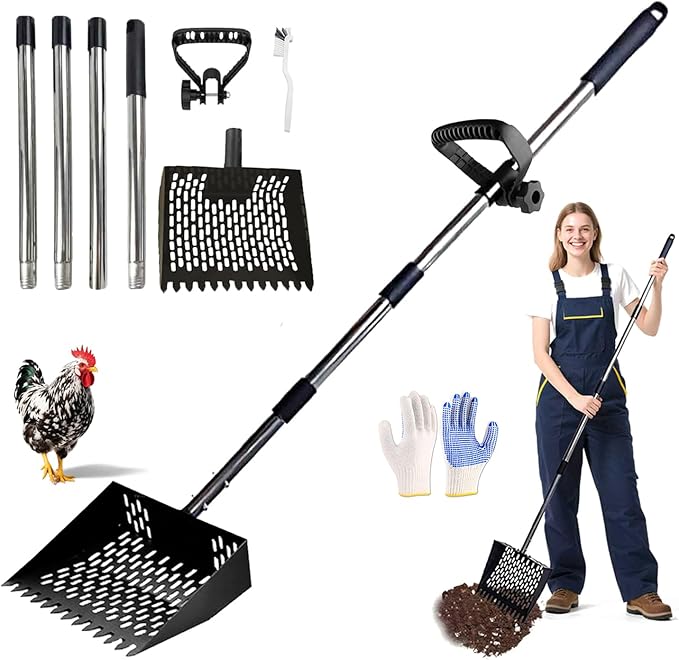 Chicken Poop Scooper and Rake 2-in-1, Metal Chicken Coop Scoop - 32 to 62" Adjustable Handle Sand Sifting Shovel Cleaning for Chicken Coops Animal Pens, Reinforced Joint
