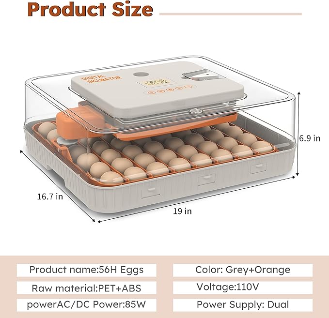 56 Egg Incubator with Automatic Turning & Humidity Control – Digital Poultry Hatcher for Chicken, Duck, and Goose Eggs – Built-in Egg Candler & Auto Water Refill, 360° Clear View