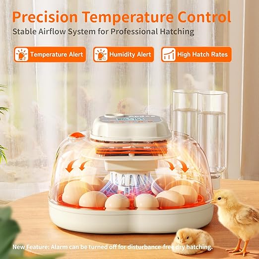 Chicken & Quail Egg Incubator, 2 Egg Trays, Automatic Egg Turning with Auto Stop, Humidity Control, Adjustable Incubation Day & Period, Auto Water Refill, Egg Candler, Clear View, APDOE HatchElite 12